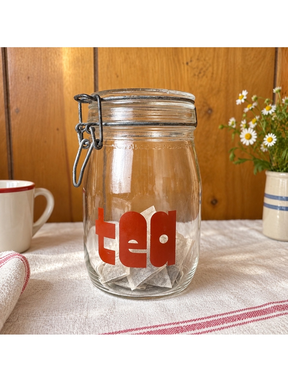 Vintage Glass Tea Canister Brown Lettering Clamp Lid Triomphe France